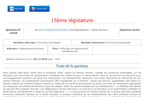 Question écrite sur les difficultés que rencontrent les gestionnaires d’établissement médico-sociaux en Haute-Savoie, dans le recrutement de personnel pour l’accompagnement quotidien des personnes handicapées
