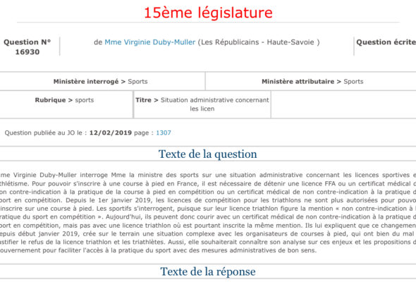 Question écrite au ministre des sports sur la situation administrative concernant les licences compétition triathlon
