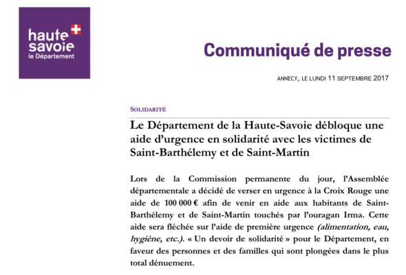 L’Assemblée départementale a décidé de verser en urgence à la Croix Rouge une aide de 100 000 € afin de venir en aide aux habitants de Saint-Barthélemy et de Saint-Martin touchés par l’ouragan Irma.