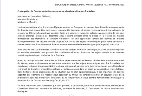 Courrier franco-suisse pour prolonger l’accord sur le télétravail au 30 juin 2021