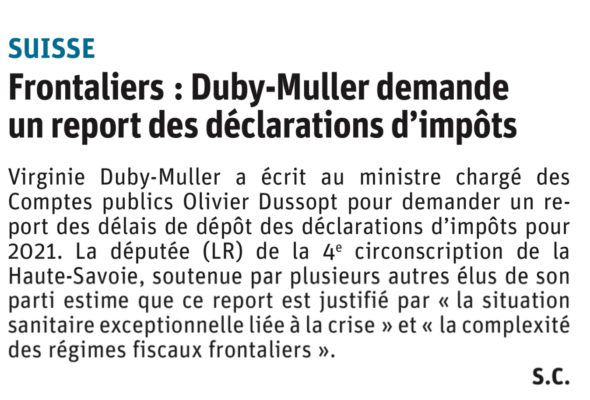 Courrier à O. Dussopt de reporter le délai des déclarations fiscales pour les travailleurs frontaliers.