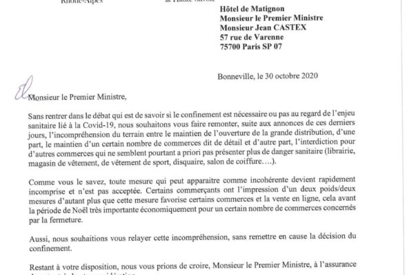Courrier commun avec Martial Saddier et Sylviane Noël pour faire remonter au Premier Ministre l’incompréhension du terrain concernant la fermeture de certains commerces