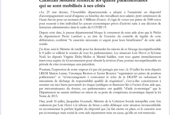 2 000 ENTREPRENEURS RECEVRONT L’AIDE DU DÉPARTEMENT : CHRISTIAN MONTEIL REMERCIE LES QUATRE PARLEMENTAIRES MOBILISÉS À SES CÔTÉS