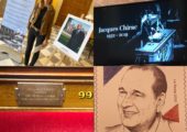 Dévoilement de la plaque en mémoire de Jacques Chirac par le président de l’Assemblée nationale et Claude Chirac