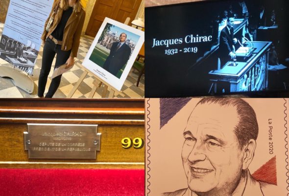 Dévoilement de la plaque en mémoire de Jacques Chirac par le président de l’Assemblée nationale et Claude Chirac