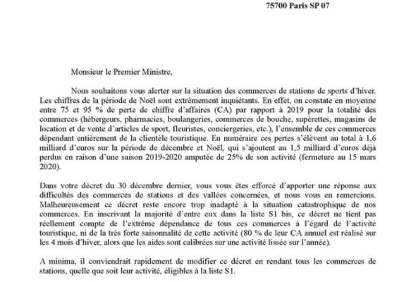 Courrier à l’attention de M. le Premier Ministre concernant les commerces de stations avec des collègues députés de territoire de la montagne