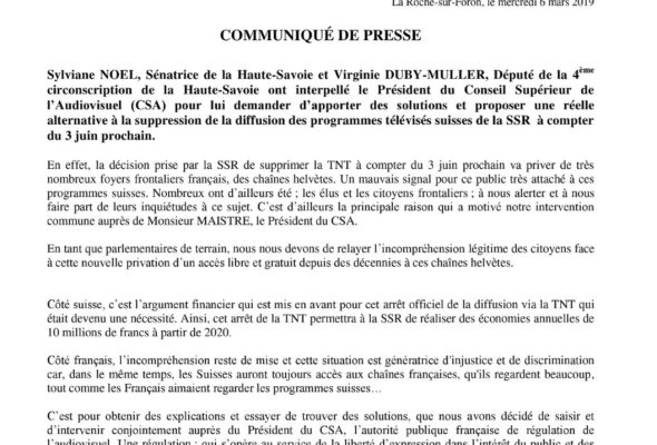 Intervention avec S. Noël auprès du Président du CSA concernant la fin de la diffusion de la RTS en France