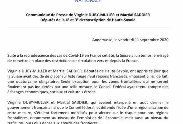 Réaction avec Martial Saddier après la décision du Conseil fédéral suisse de ne pas imposer de quarantaine pour les personnes en provenance des régions frontalières.🇫🇷🇨🇭
