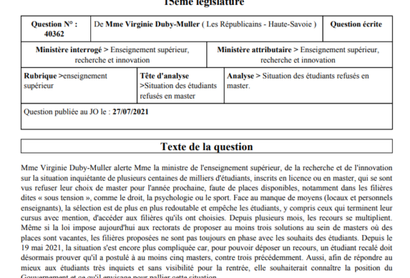 Question écrite sur la situation inquiétante de plusieurs centaines de milliers d’étudiants, inscrits en licence ou en master, qui se sont vus refuser leur choix de master pour l’année prochaine, faute de places disponibles, notamment dans les filières dites « sous tension », comme le droit, la psychologie ou le sport